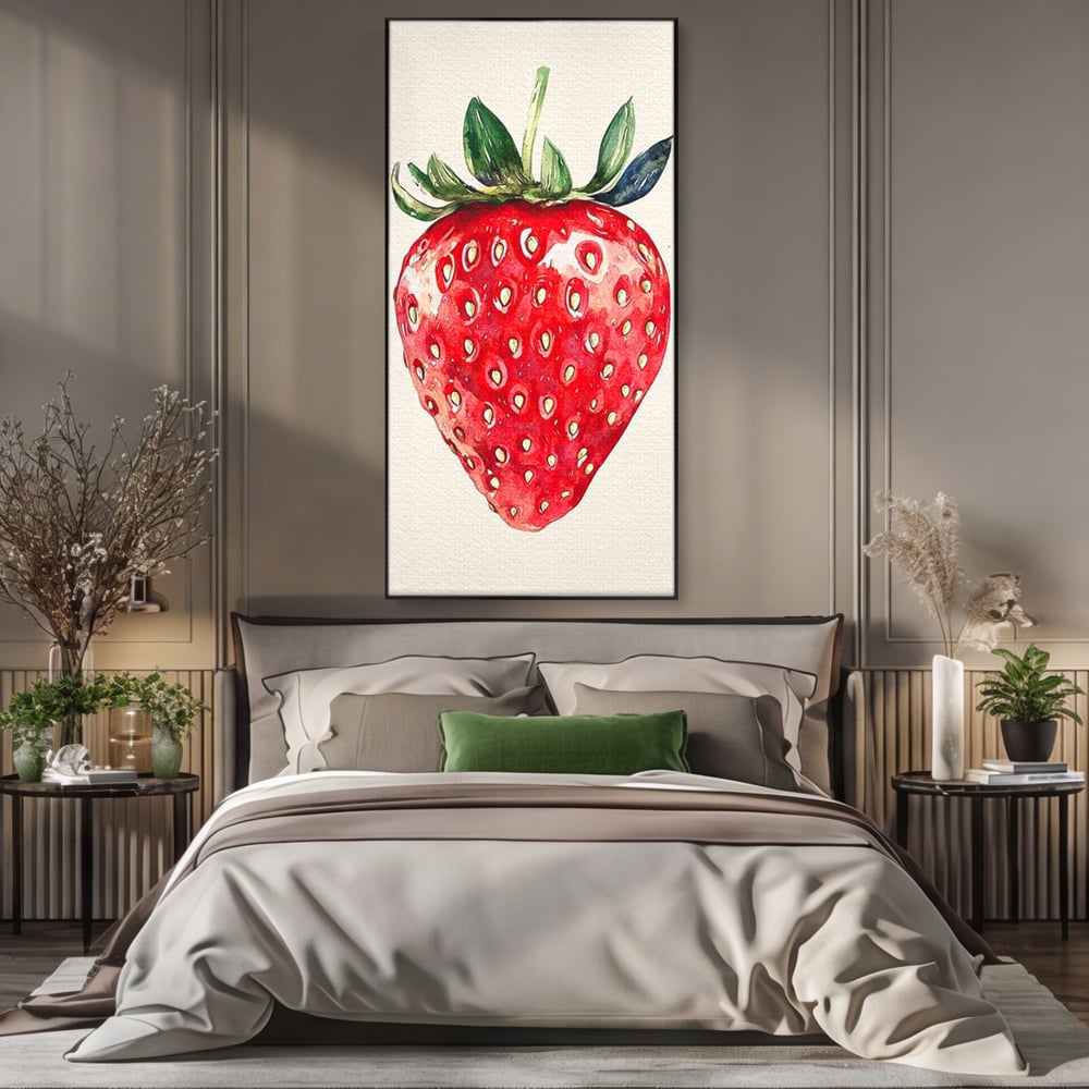 Tablou canvas cu pictura cu o capsuna rosie, in rama de aluminiu negru, pe perete intr-un dormitor